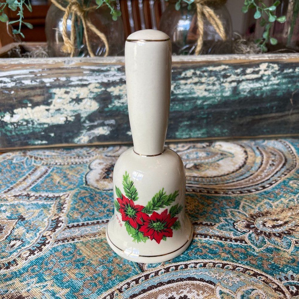 Christmas Hand Bell 1976 Poinsettia Porcelain Gold Trim 5.5 Inch